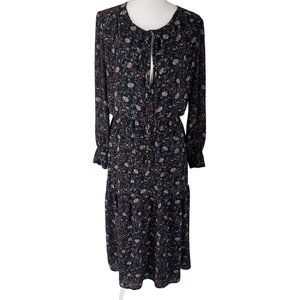 WAYF Navy Blue Printed Long Sleeve Tie Neck Elastic Waist Midi Dress Medium M
